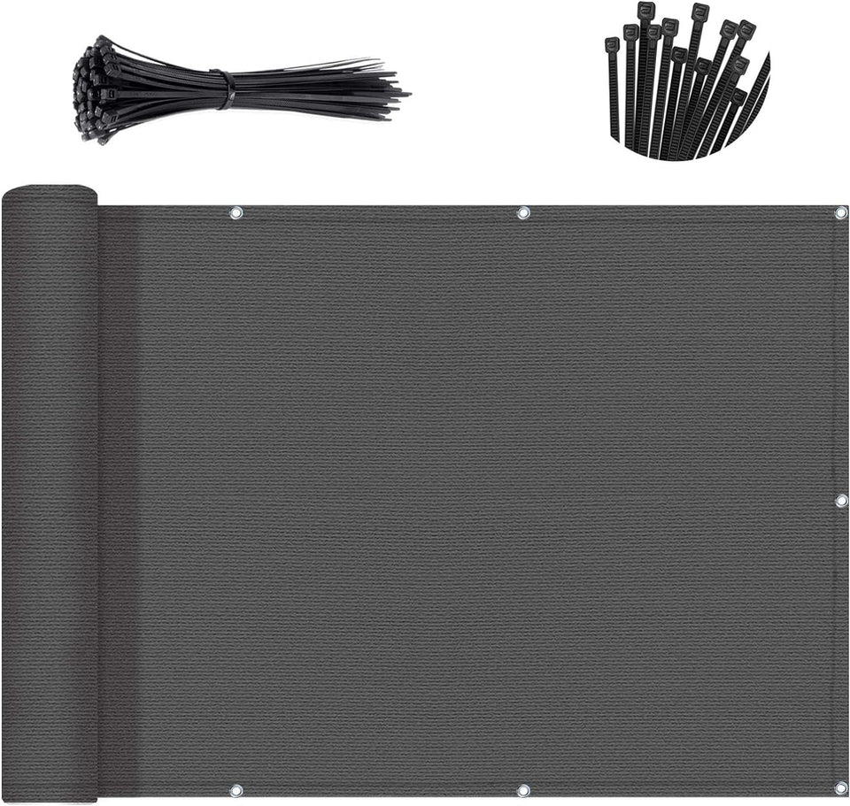 Sunny Guard balcony privacy screen in dark grey, close-up weave blocks glare and dust.