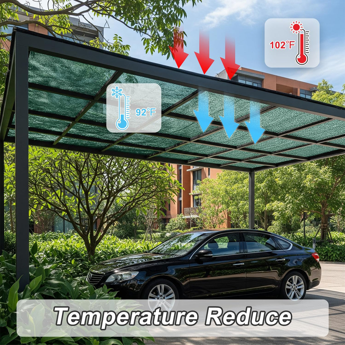 Sunny Guard chicken coop shade offers airflow and sun protection.