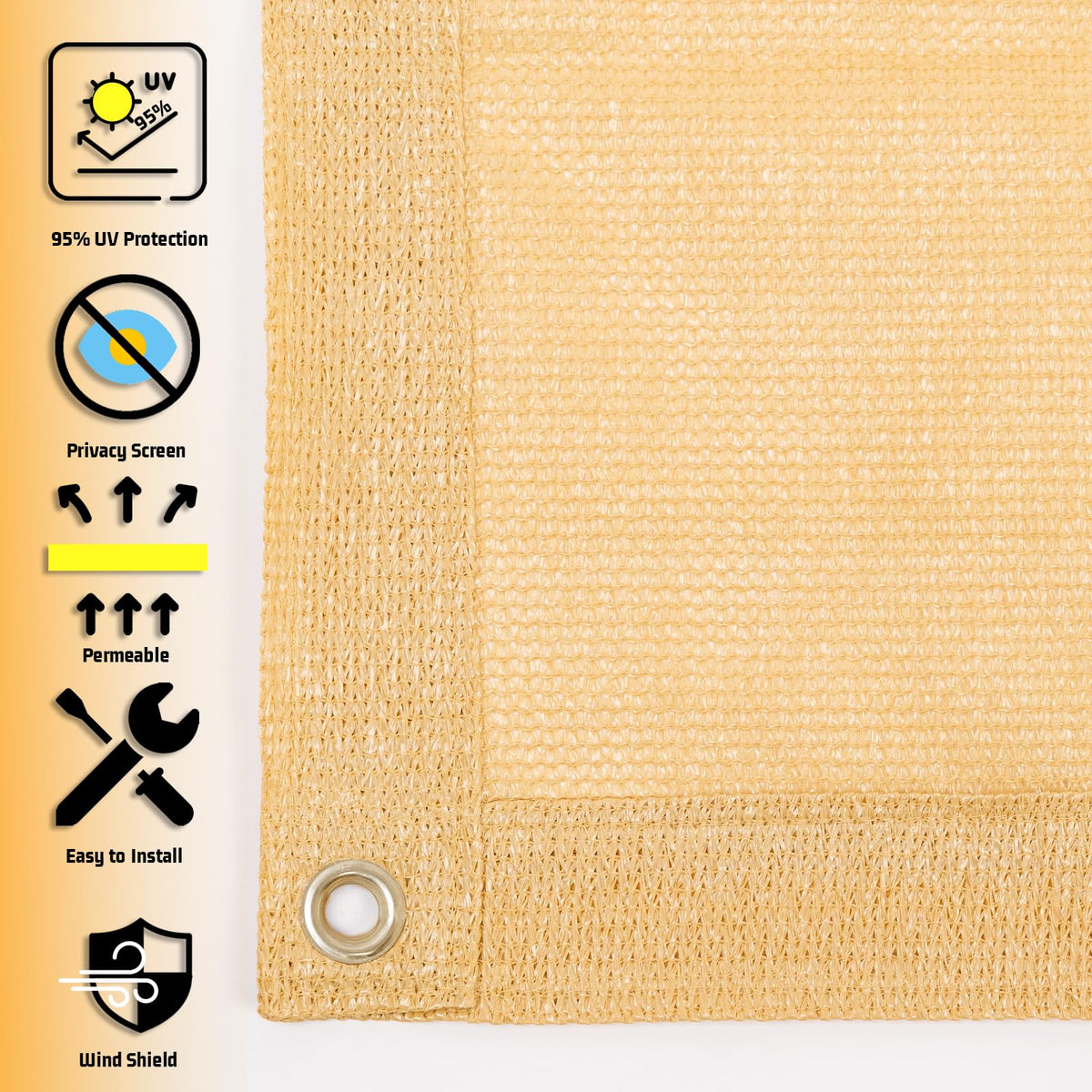 Sunny Guard shade cloth close-up with copper grommets for secure hanging.