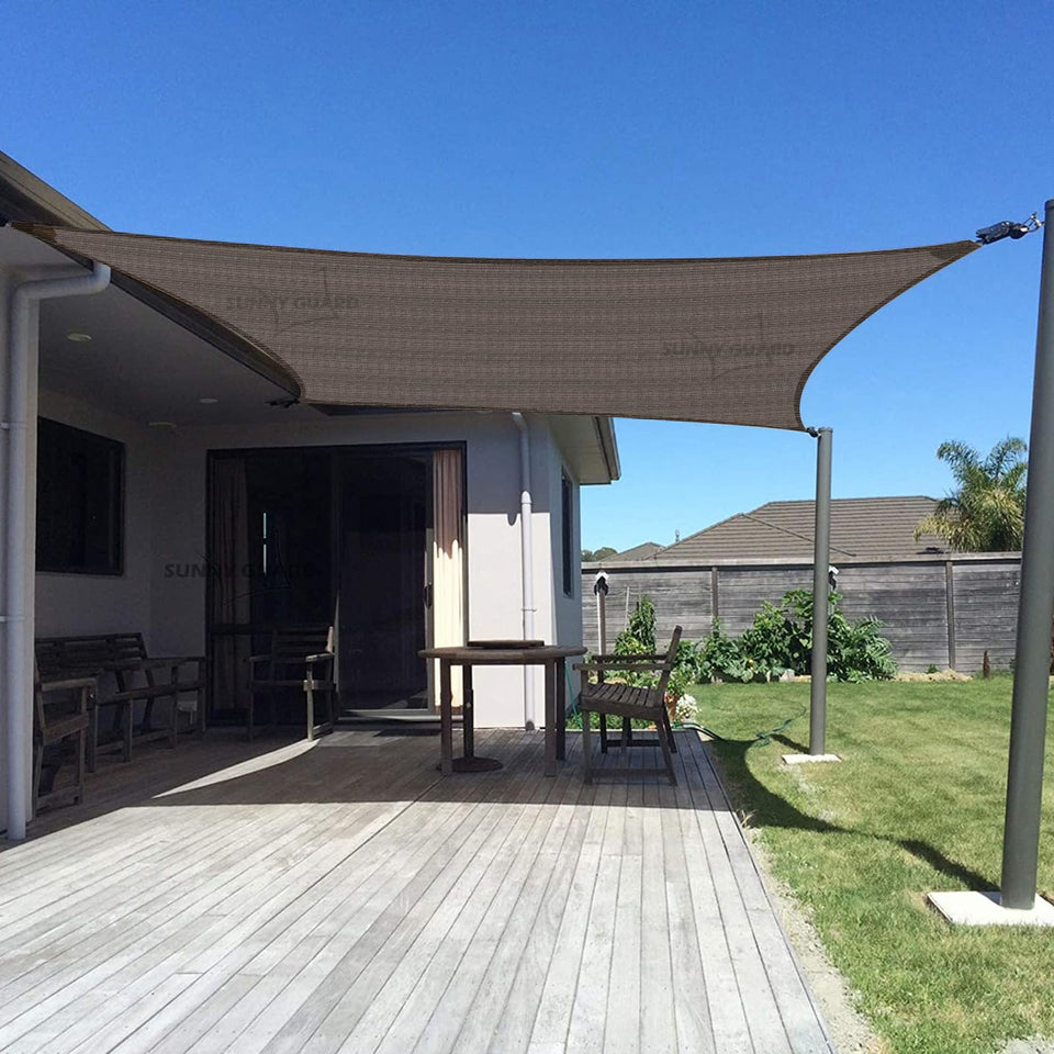 Sunny Guard sun shade rectangle 10x13 in brown blocks UV rays while cooling outdoor space.