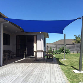 Sunny Guard blue shade sail packaging highlights durable HDPE fabric for outdoor use