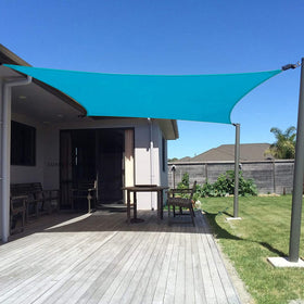 Sunny Guard sun shade sail turquoise over patio providing UV protection