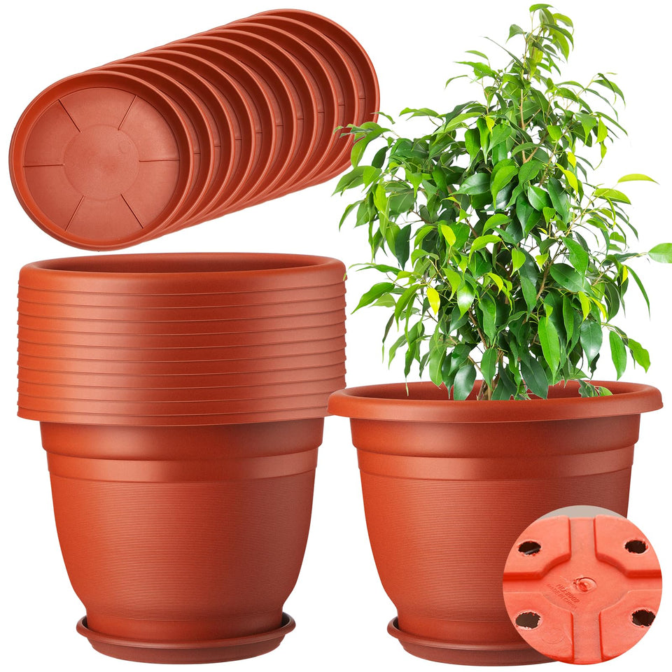 Sunnychicc round plant pots with saucers for indoor and outdoor decor.