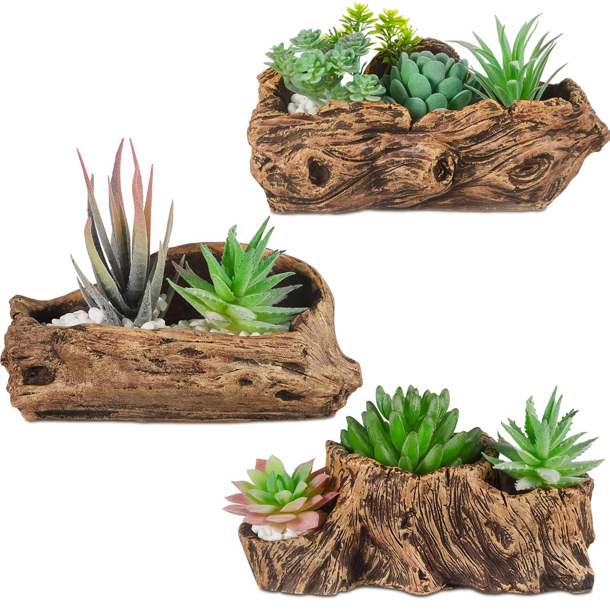 Sunnychicc driftwood stump planter set enhances indoor spaces with rustic texture.
