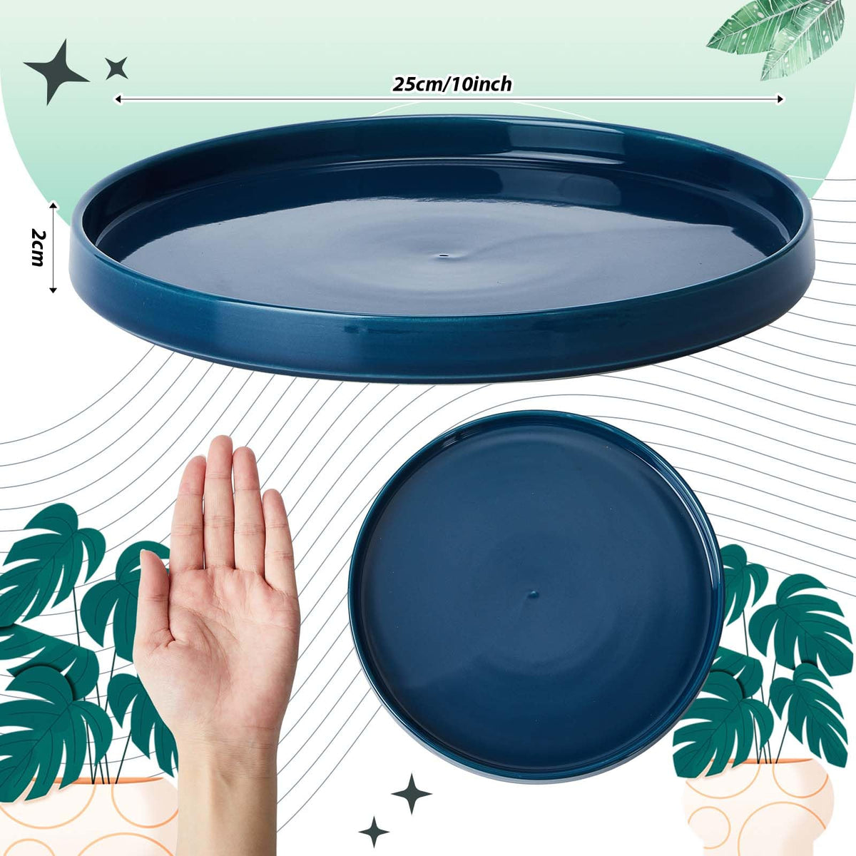 Sunnychicc indoor-outdoor saucer keeps patios clean while displaying vibrant pots.