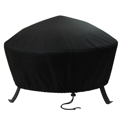Sunnydaze 40-inch round fire pit cover with drawstring for secure fit and weather protection.