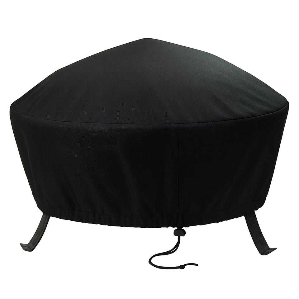 Sunnydaze 40-inch round fire pit cover with drawstring for secure fit and weather protection.