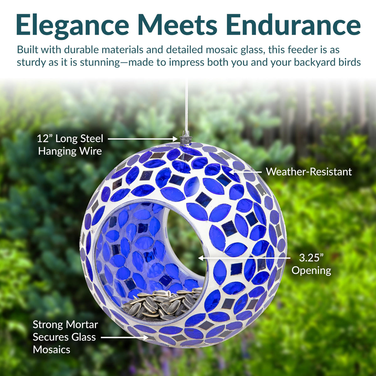 Sunnydaze lavender mosaic feeder fly-through opening enables easy seed access for birds