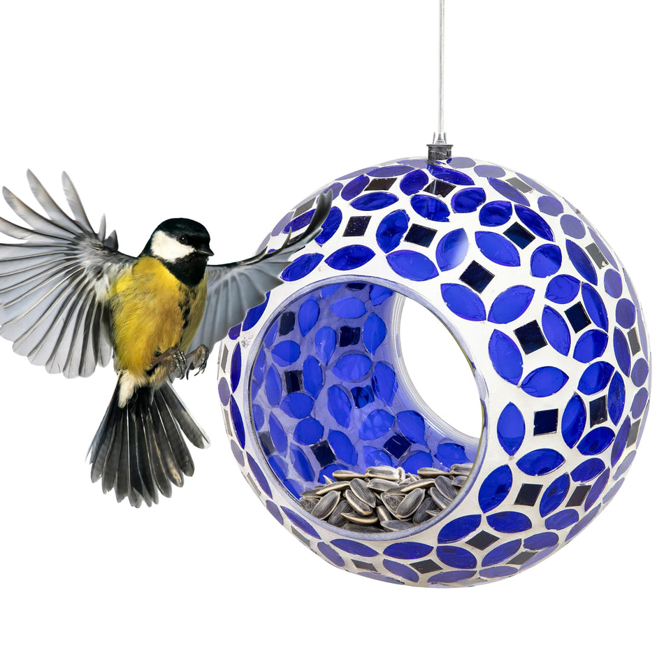 Sunnydaze lavender mosaic bird feeder outdoors attracts cardinals with vibrant colors