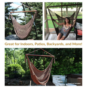 Wooden spreader bar on Sunnydaze chair allows easy entry and stable seating.