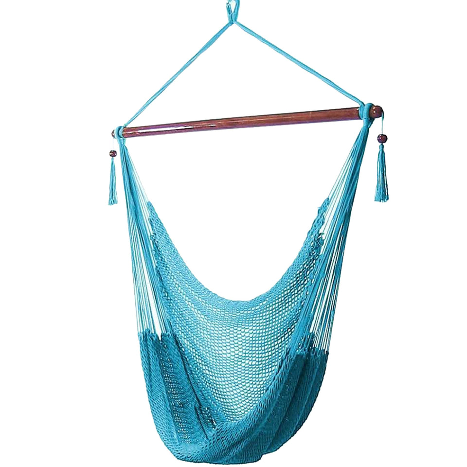 Sunnydaze Caribbean XL Sky Blue hammock chair outdoors for cozy relaxation.