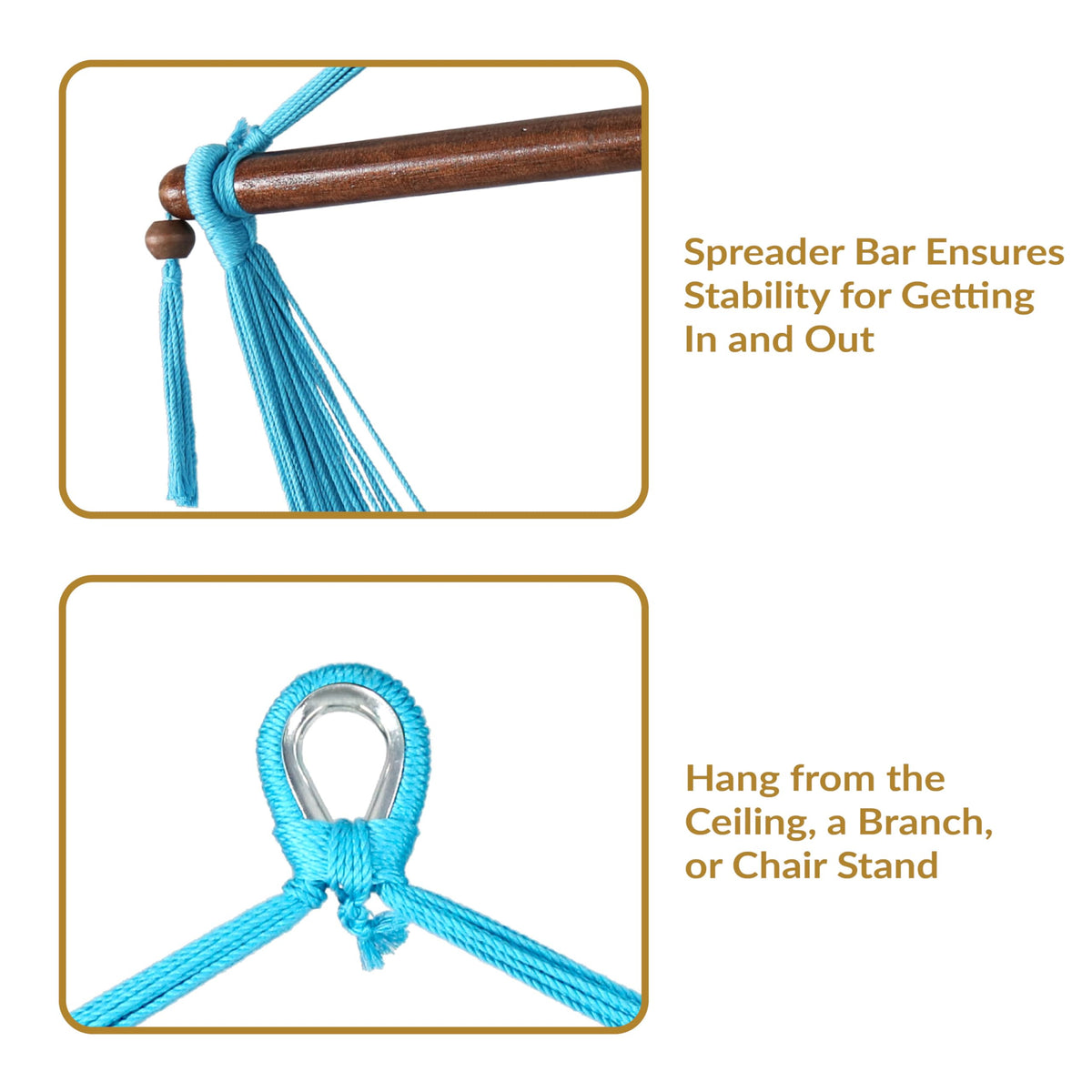 Wooden spreader bar aids easy entry and exit on the Sunnydaze chair.
