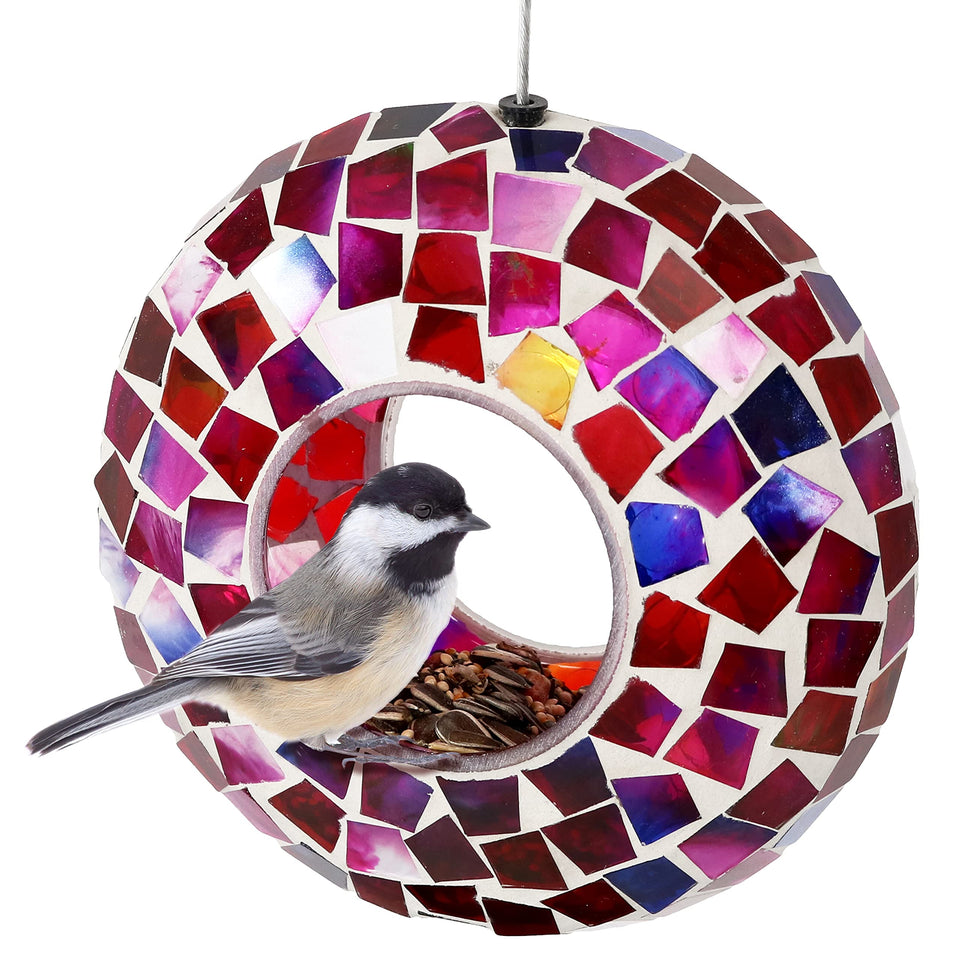 Sunnydaze Crimson Mosaic Bird Feeder side view attracting backyard birds