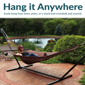 Sunnydaze Decor hammock spans 124 inches for shared lounging comfort.