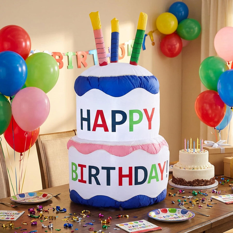 Sunnydaze Decor happy birthday cake inflatable serves as a striking outdoor party focal point.