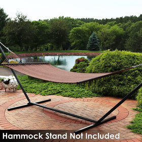 Sunnydaze Decor mocha hammock adds warm, natural aesthetic.