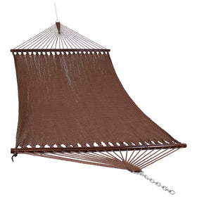Sunnydaze Decor double hammock in mocha color set between trees for comfortable outdoor lounging.