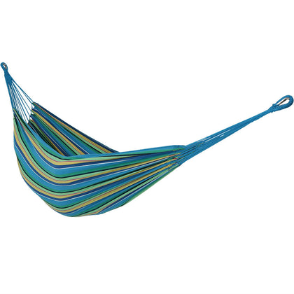 Sunnydaze double Brazilian cotton hammock sea grass bed offering spacious comfort outdoors.