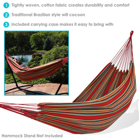 Sunnydaze double Brazilian cotton hammock sunset close weave detail demonstrates durable comfort.