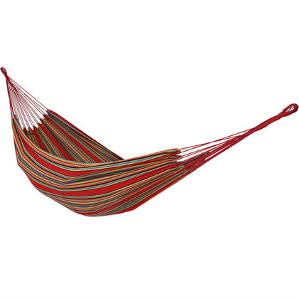 Sunnydaze double Brazilian cotton hammock sunset front view offers outdoor seating for two.