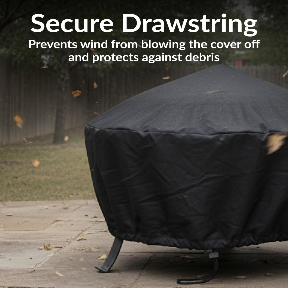 Sunnydaze round cover made of heavy-duty vinyl for outdoor pit protection.