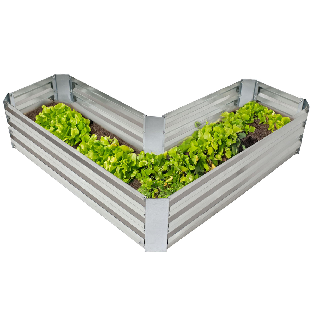 Sunnydaze galvanized L-shaped raised bed in corner placement for versatile planting options