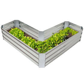 Sunnydaze galvanized L-shaped raised bed in corner placement for versatile planting options