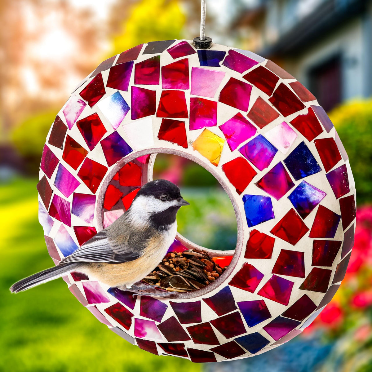 Sunnydaze Garden bird feeder displayed in yard