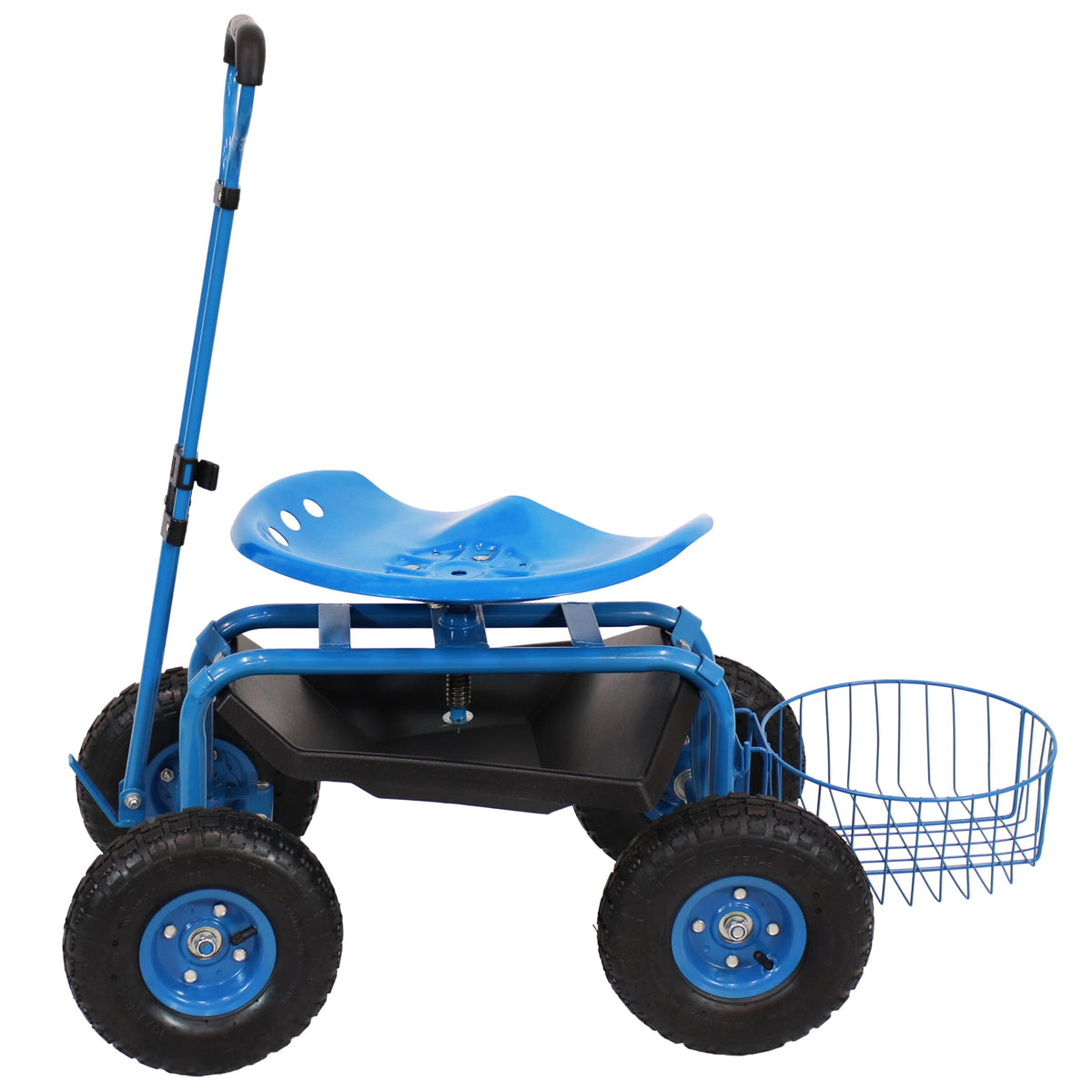 Sunnydaze blue garden cart shown outdoors for real-life use.