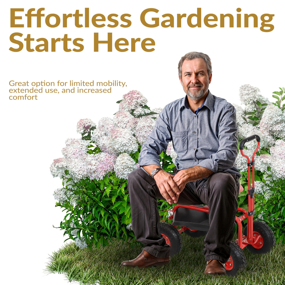 Sunnydaze garden cart swivel-seat for effortless reach during tasks.