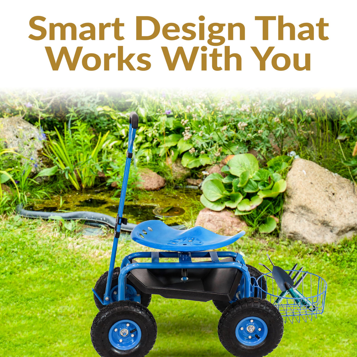Sunnydaze garden cart under-seat tray keeps tools organized.