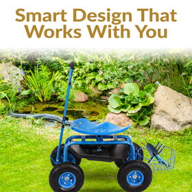 Sunnydaze garden cart under-seat tray keeps tools organized.