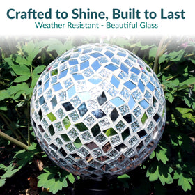 Sunnydaze garden orb mirrors light with a diamond pattern, elevating patio decor
