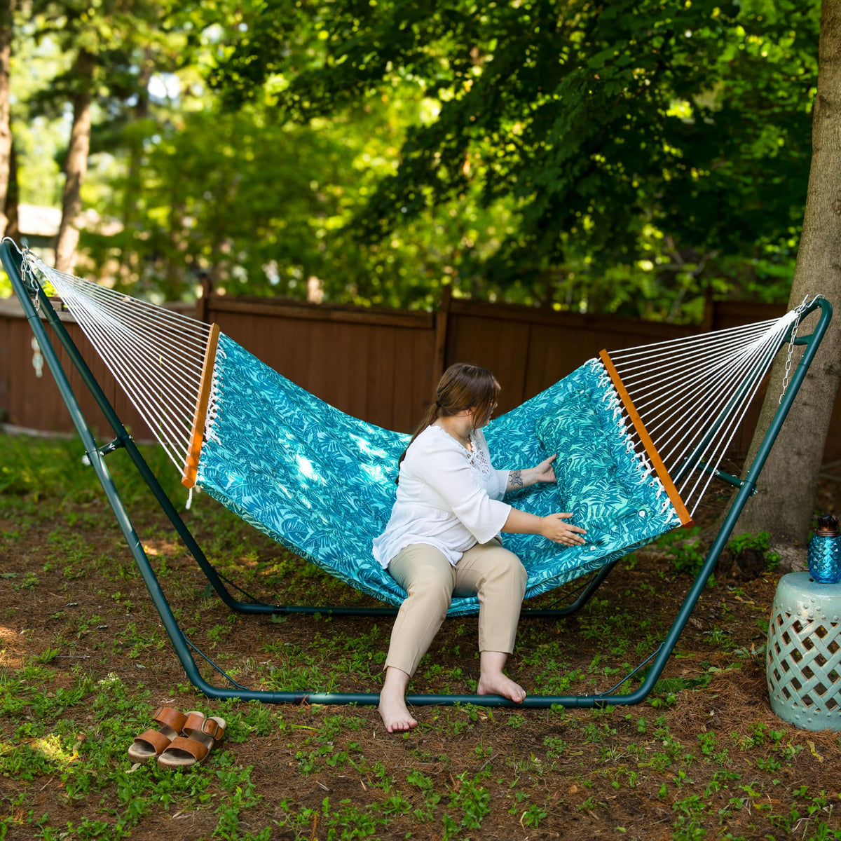 Sunnydaze hammock stores indoors to extend life.