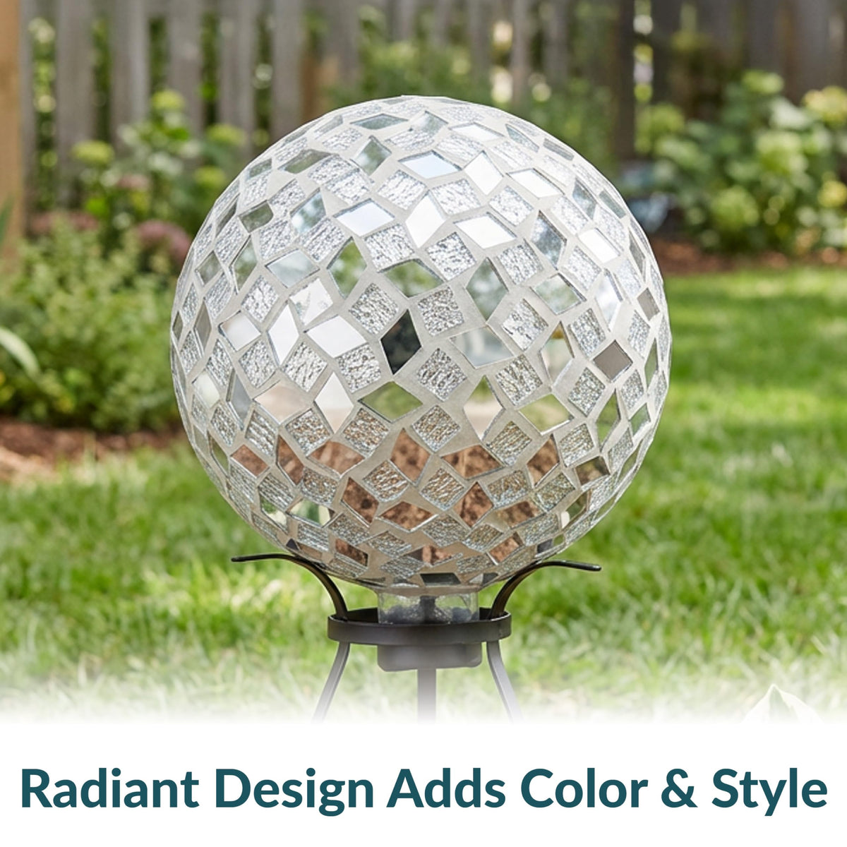 Sunnydaze outdoor glass gazing ball reflects surroundings, creating dynamic focal point