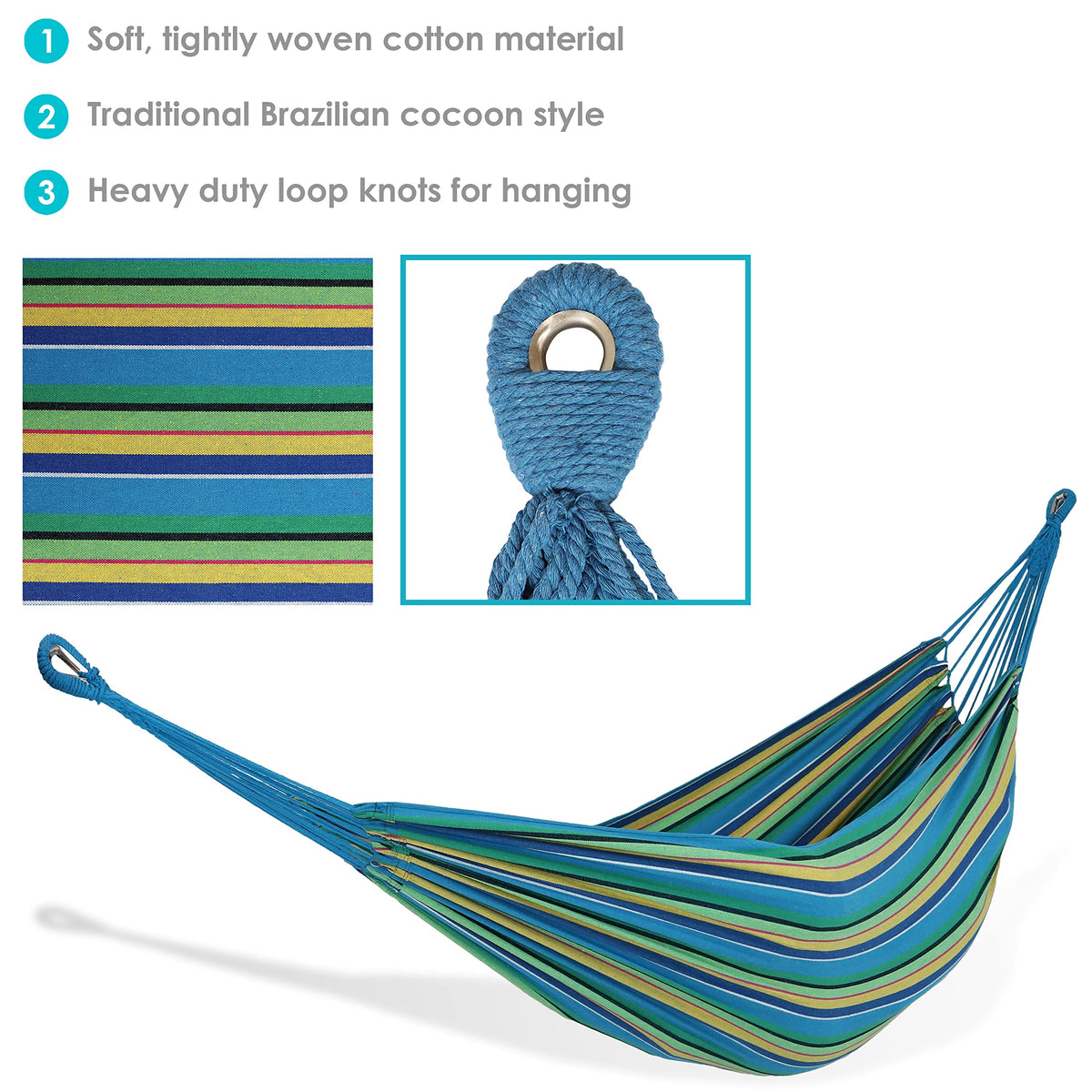 Sunnydaze outdoor hammock sea grass shown between stands for easy backyard lounging.