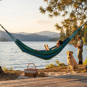 Sunnydaze hammock suitable for indoor or outdoor use, offering versatile placement.