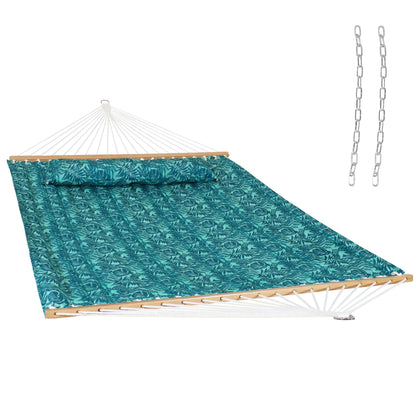 Sunnydaze Quilted Double Hammock in Cool Blue Tropics ready for two-person relaxation.