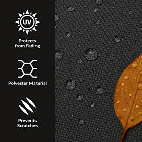 Sunnydaze round fire pit cover shows adjustable drawstring for a secure fit in wind.