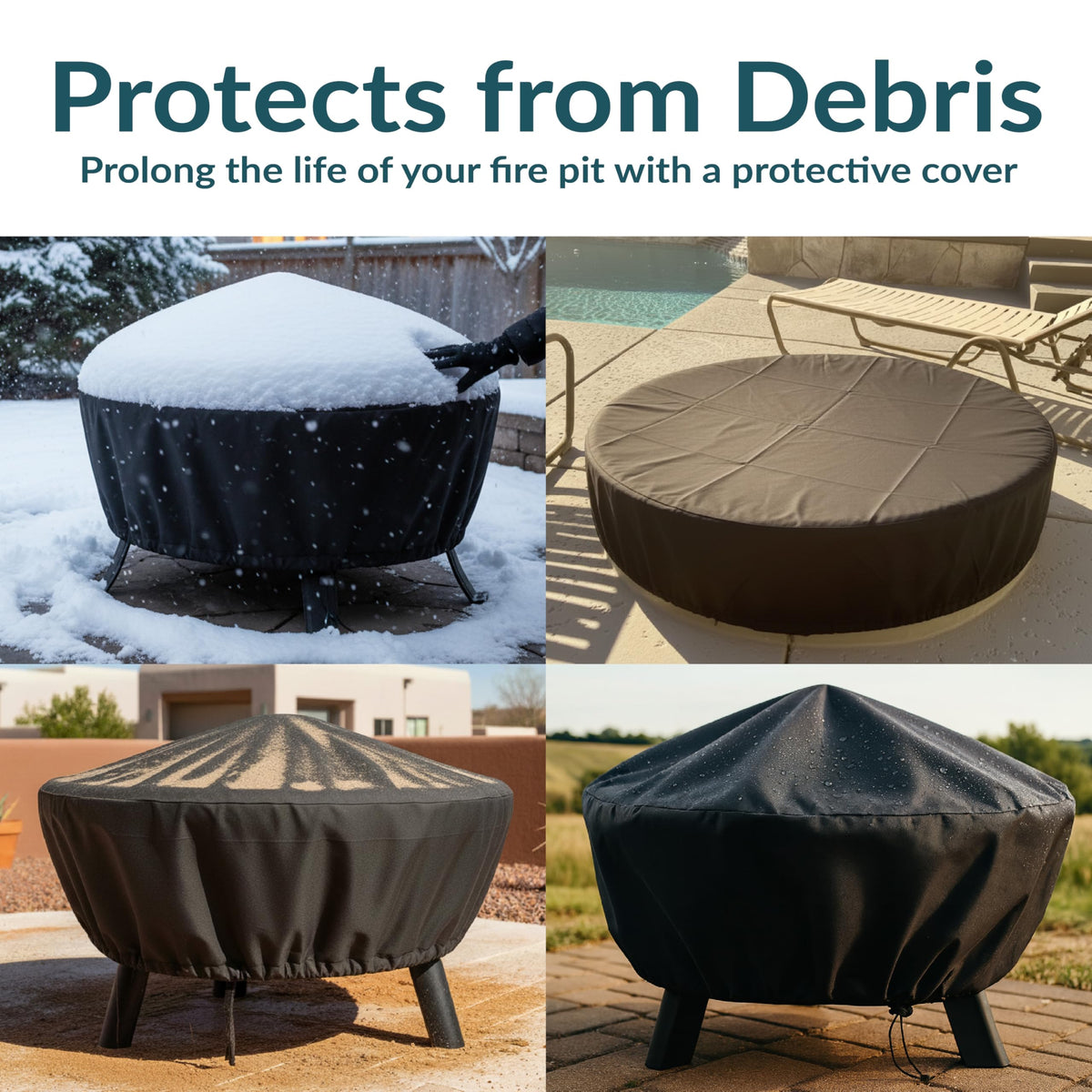 Sunnydaze round fire pit cover shields from water and debris in any weather.