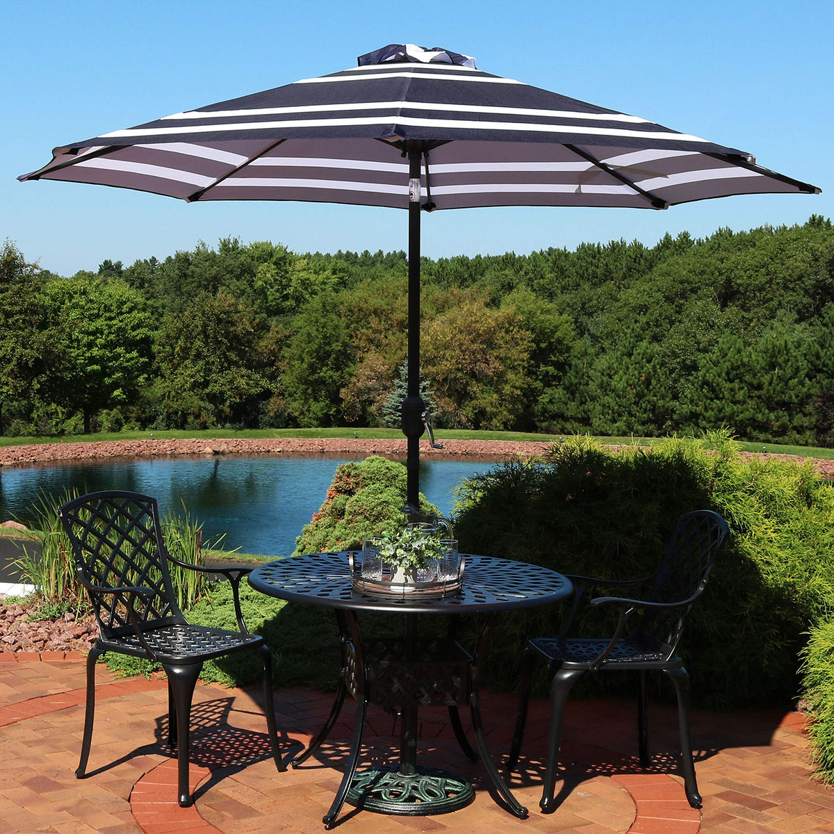 Sunnydaze 9ft navy stripe umbrella quick assembly setup