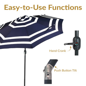 Sunnydaze 9ft navy stripe umbrella crank-tilt in action