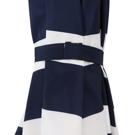 Sunnydaze 9ft navy stripe umbrella shielding outdoor dining
