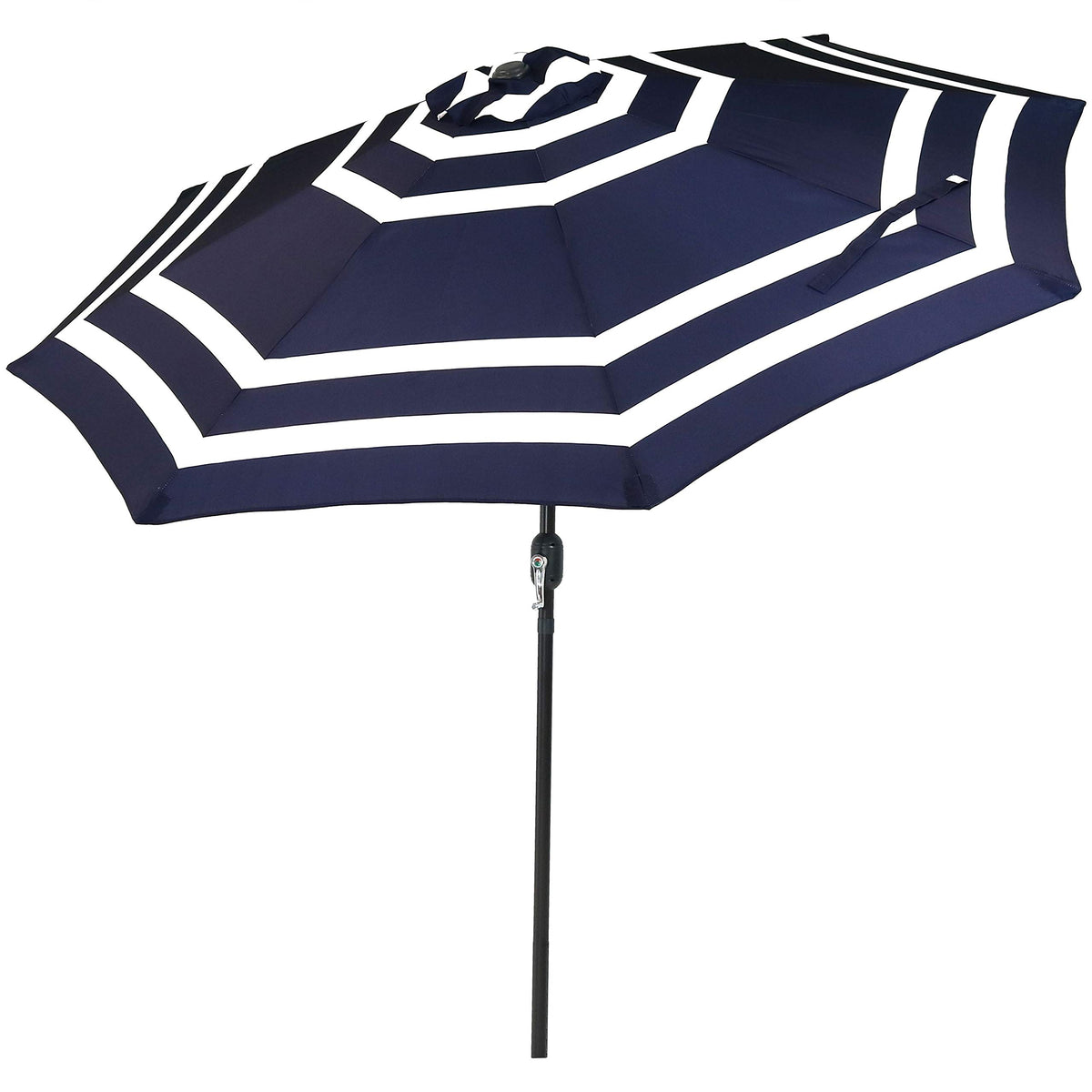 Sunnydaze 9ft navy stripe umbrella open over a patio table for broad shade