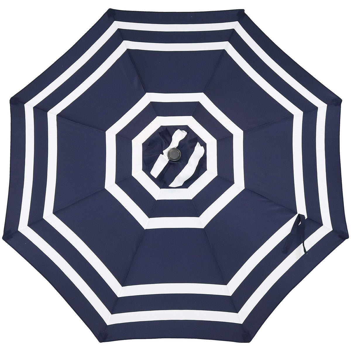 Sunnydaze 9ft navy stripe umbrella on a sunny patio scene