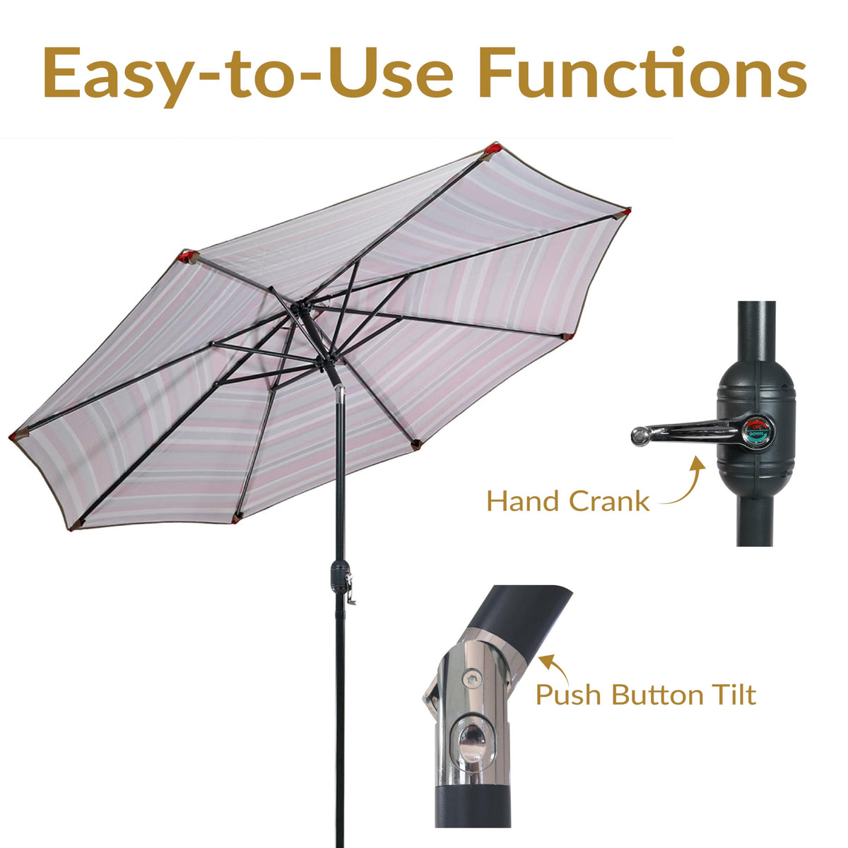 Sunnydaze push-button tilt with crank opens smoothly for easy shade adjustment.