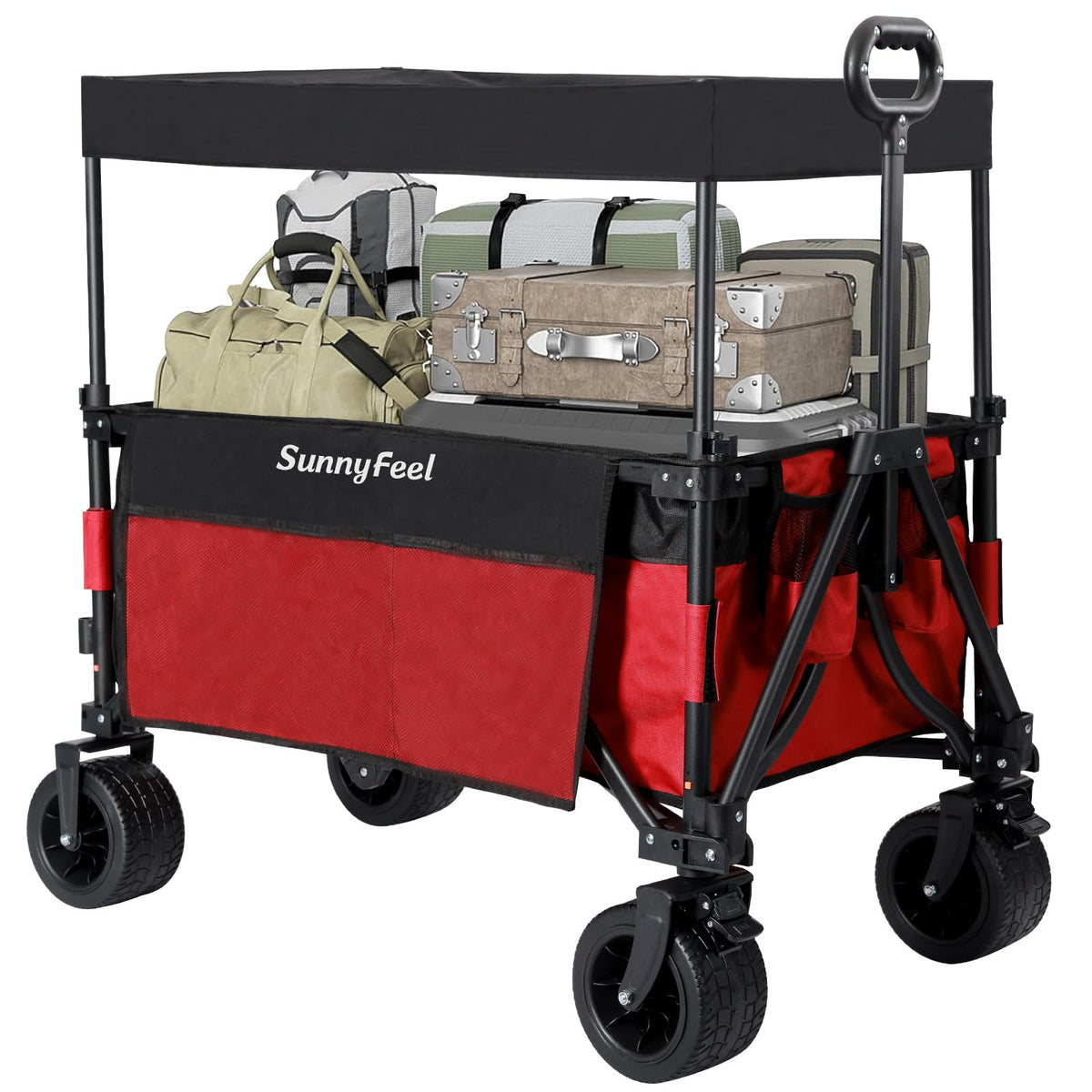 SUNNYFEEL 3-in-1 wagon with canopy extended provides shade and rain protection on outdoor trips.