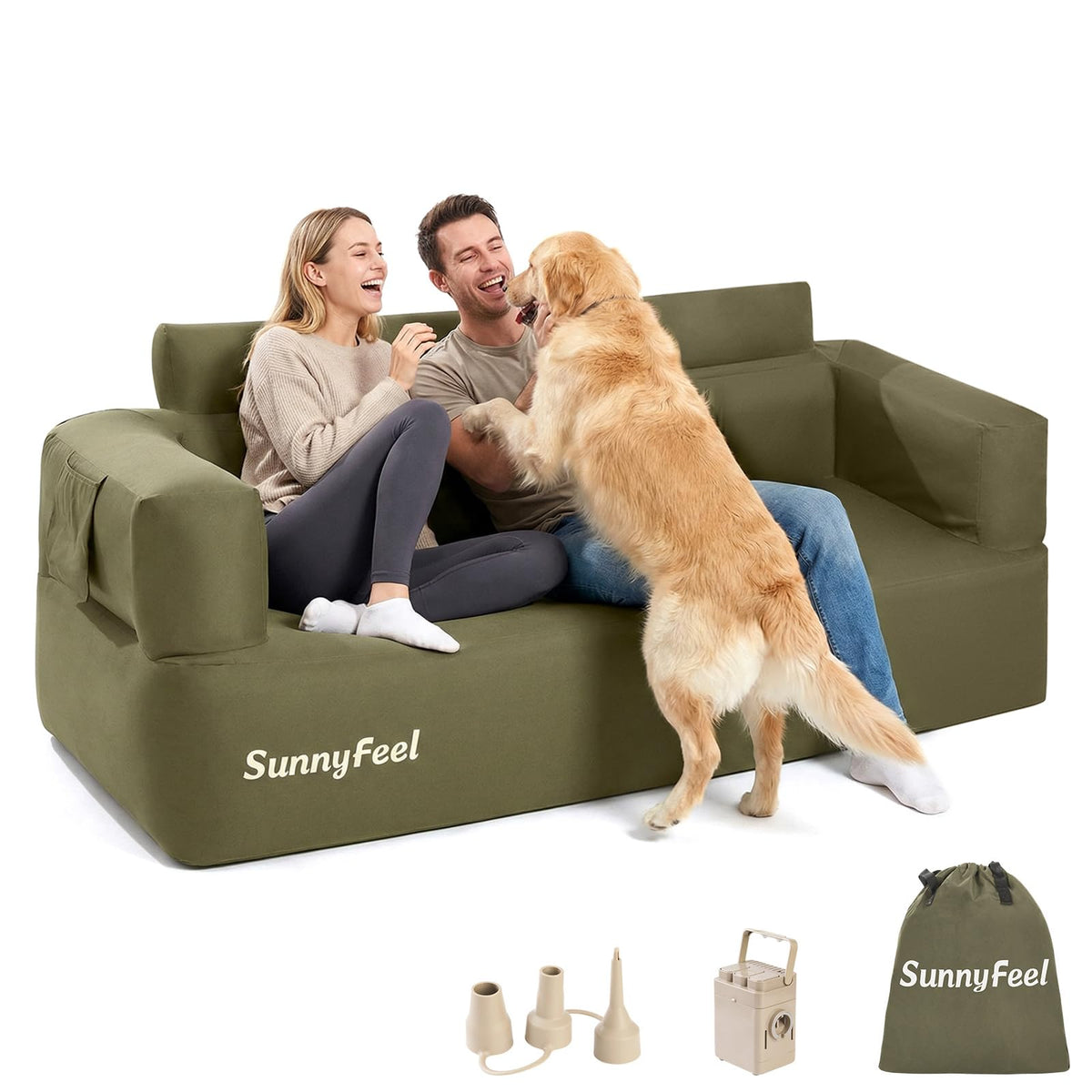 SUNNYFEEL army green inflatable couch with built in pump for quick setup