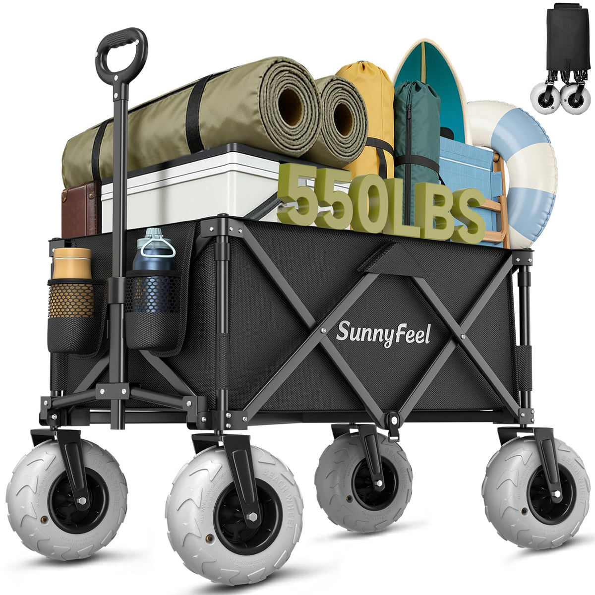 SunnyFeel beach wagon with 9in balloon wheels glides smoothly over sand.