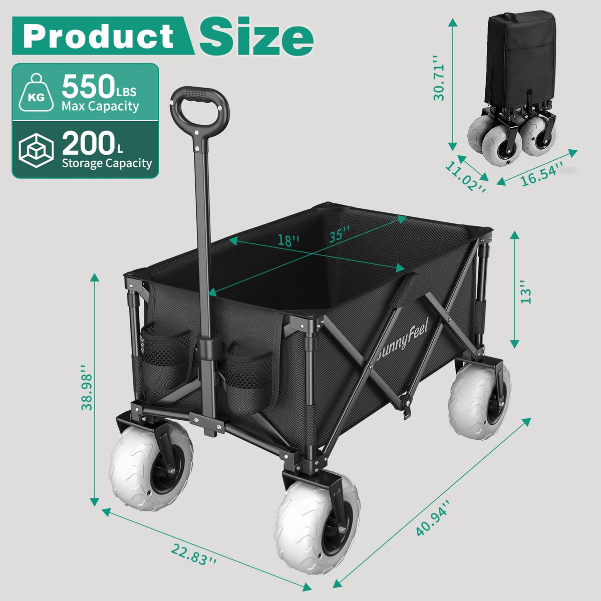 SunnyFeel beach wagon with adjustable handle and brakes for controlled pulling.